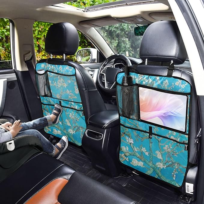 Automotive Seat Back Organizers Car Seat Organizer Waterproof Car Back Storage Kick Mat, Backseat Car Organizer with Pockets,Car Seat Protector Fit All 1Pcs Almond Blossom