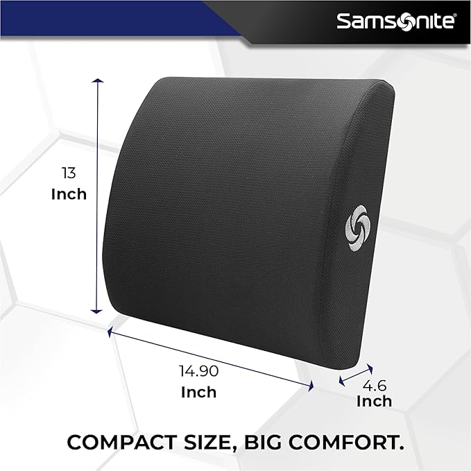 Samsonite Ergonomic Lumbar Support Pillow for Office Chair and Car Seat - Memory Foam Back Support Lumbar Pillow Premium Cushion Chair Support for Lower Back Pain Relief and Versatile Use (Black)