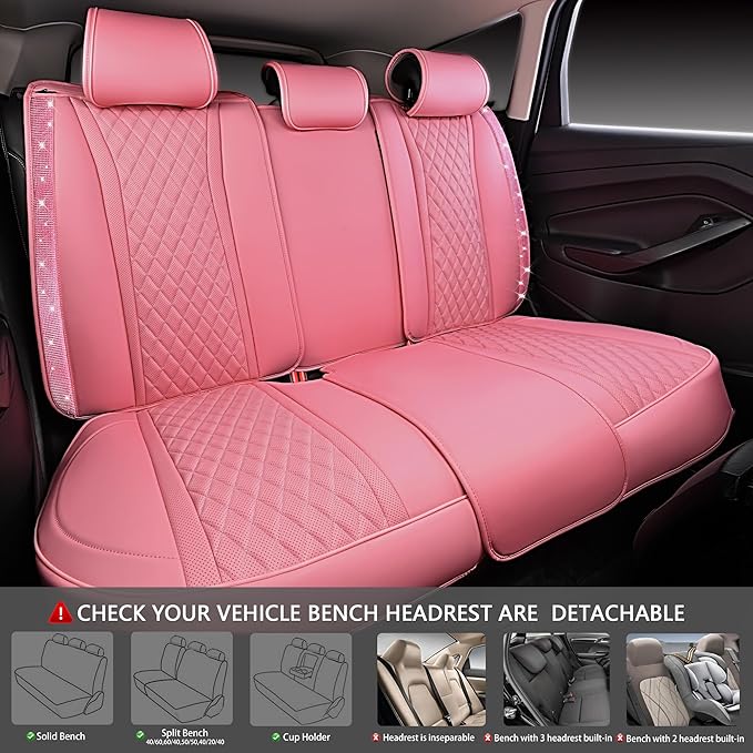 CAR PASS Pink Nappa Leather Car Seat Covers for Full Seats, Bling Diamond Waterproof Seat Protectior Universal Fit Auto SUV Sedan Truck Glitter Sparkly Shining Rhinestone for Women Girl, Pink Leather