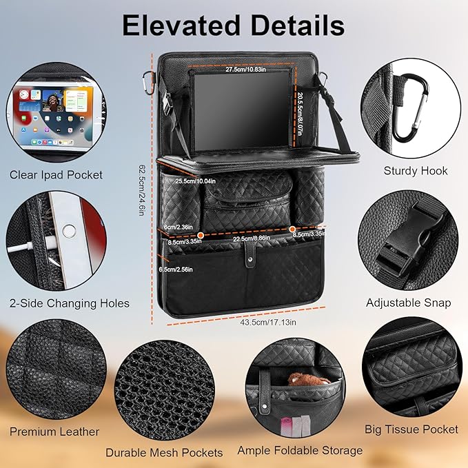 Car Seat Organizer with Foldable Table Tray - 11 Storage Pockets PU Leather Backseat Organizer with Tablet Holder, Seat Back Protector Kick Mat for Kids Family Road Trip Accessories (Black)