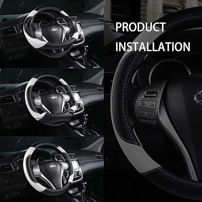 Leather Car Steering Wheel Cover, Non-Slip Car Wheel Cover Protector Breathable Microfiber Leather Universal Fit for Most Cars(White)