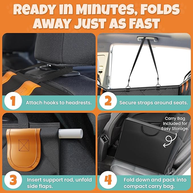 Backseat Cover for Dogs in Car with 2x Storage Boxes - Waterproof Dog Car Seat Cover, Backseat Extender Clip Strap, Carry Bag - Hammock Bed Seat Extender for Dogs, Pet Protector for SUV Truck