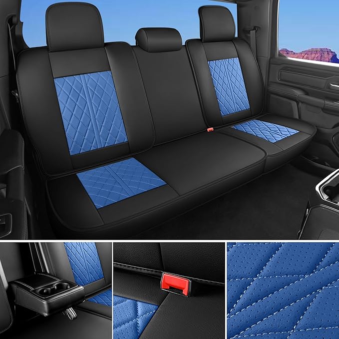 Car Seat Cover Custom Fit for Ford F150 2009-2026 Faux Leather Seat Cover Set Compatible with Regular Cab Super Cab Super Crew Pickup Truck Cushions (Black & Blue, Front Seat)