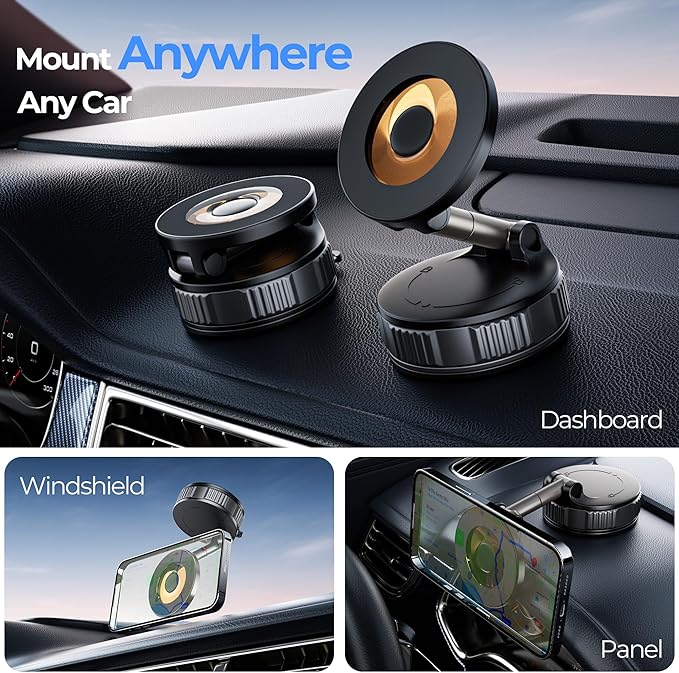 Vacuum Magnetic Suction Phone Holder, 360° Adjustable Suction Cup Phone Mount for Car/Gym/Mirror/Shower, Hands-Free Car Phone Holder, Compatible with iPhone Android and All Smartphones