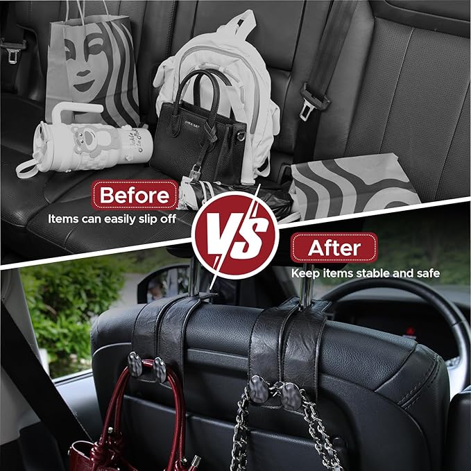 4 PCS Leather Car Seat Hooks for Headrest, Vehicle Hanger Storage Organizer Universal for Handbag Purse, Car Accessories Gift (Black-Black-4 PCS)