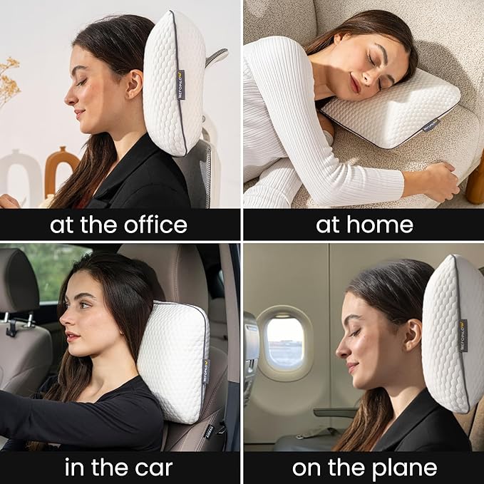 Memory Foam Travel Pillow with Washable Cover & Carry Bag – Compact, Soft & Breathable Neck Pillow for Airplane, Camping & Car (White- with Extra Gray Cotton Cover, 15.7x9.8x3.9 inches)