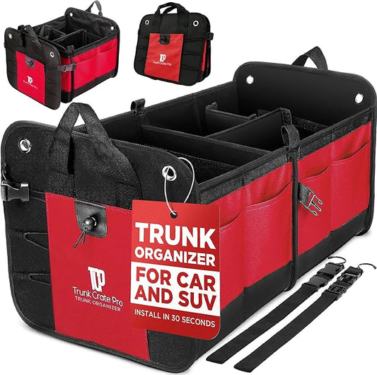 TRUNKCRATEPRO Red Car Accessories Trunk Organizer For Car, Suv Premium Multi Compartments Collapsible Portable Car Organizer For Women W 2 Adjustable straps, non-skid bottom (Large Capacity)
