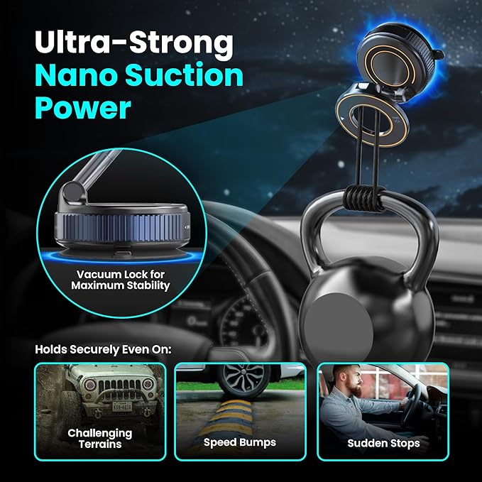 Ryvlan Carmount Vacuum Magnetic Phone Mount for Car– Magsafe Suction iPhone Stand, Content Creator Phone Holder & Car Mount, iPhone Holder for Dashboard & Windshield, Suction Cup Car Tripod