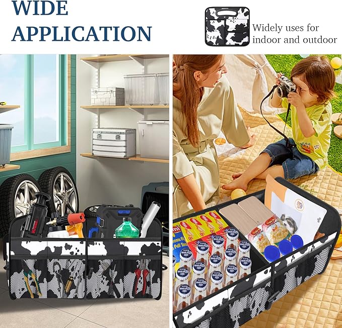 Femuar Car Trunk Organizer, Cow Print, Vintage Style, 52L Capacity, 4 Compartments, Waterproof, Non-Slip, Collapsible, 22.5"D x 18"W x 10.8"H