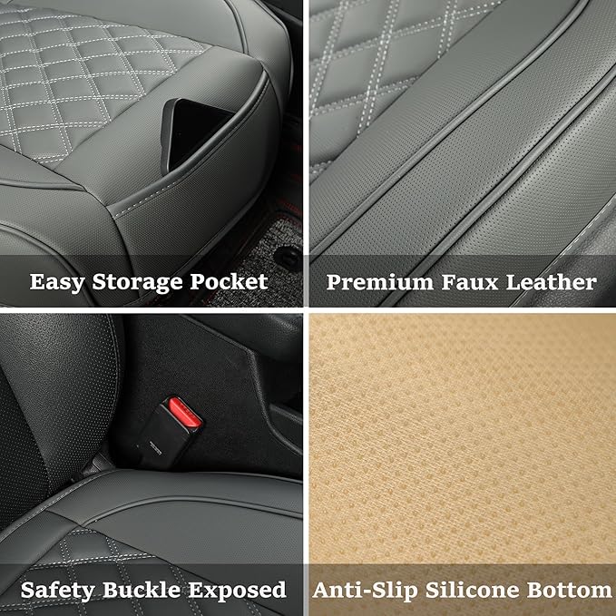 2 Pack Leather Front Car Seat Covers,Bottom Seat Covers for Cars,Driver Car Seat Cover,Luxury Seat Protectors,Waterproof,Anti-Slip,Full Wrap,for Most Vehicles,Sedan,Truck,SUV(Grey)