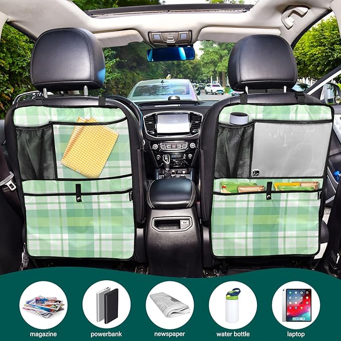 Automotive Seat Back Organizers Car Seat Organizer Waterproof Car Back Storage Kick Mat, Backseat Car Organizer with Pockets,Car Seat Protector Fit All 1Pcs Green-checkered