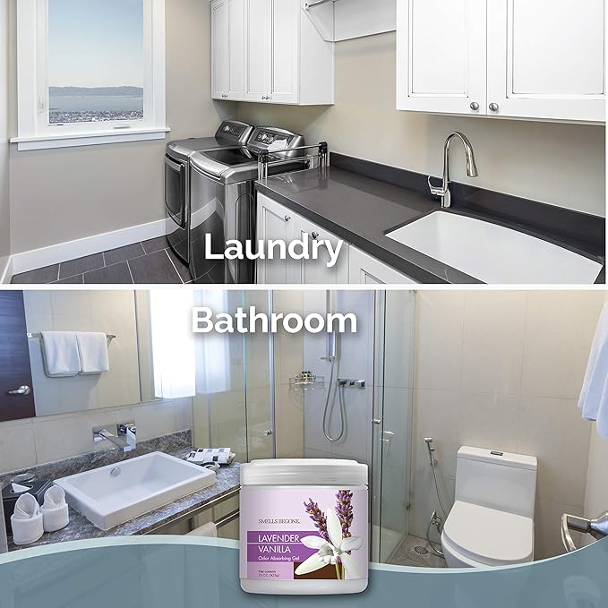 SMELLS BEGONE 15oz Gel Odor Eliminator - Absorb & Remove Tough Odors in Pet Areas, Bathrooms, Basements, Garage, Cars, RVs & Boats - Eliminate Odors Quickly (2-Pack, Lavender Vanilla)