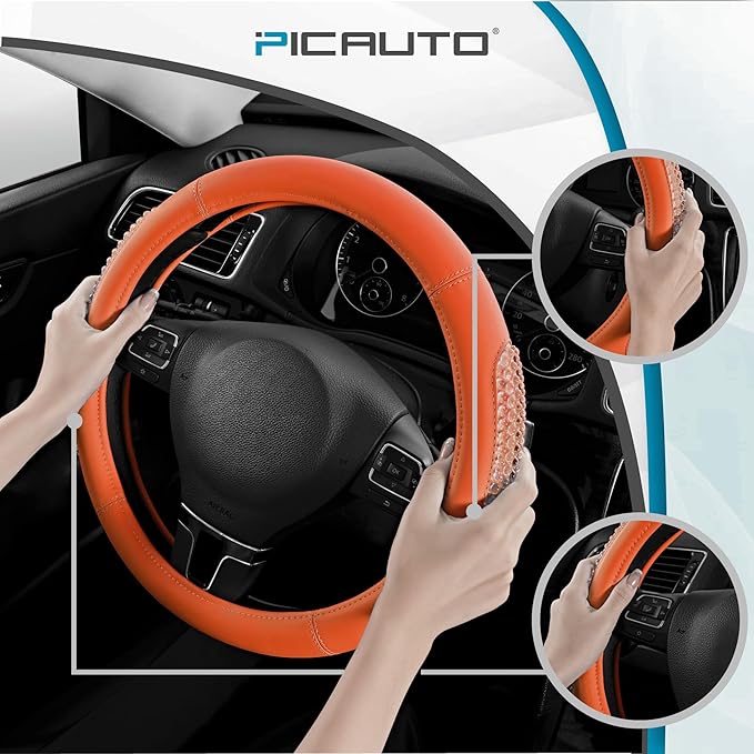 PIC AUTO Steering Wheel Cover, Glitter Gel Particles & Orange Luxury Leather Car Steering Cover, Universal Fit 14.5"-15.5" Anti-Slip Car Wheels Cover for Girls & Women