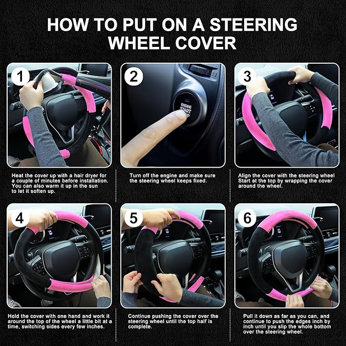 SEG Direct Steering Wheel Cover for Car, Standard Size 14.5-15 inch, Auto Interior Accessories, Warm Plush, Summer Winter, Black and Pink