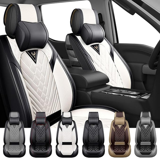 Front Set Car Seat Covers for Ford F-150 F-250 F-350 XL XLT STX Lariat King Ranch Platinum Raptor Waterproof Seat Covers 2009-2025, Anti-Slip Seat Protectors(Luxury 2 Seats/Black White)