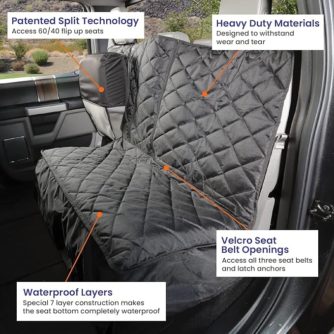 4Knines Bench Seat Covers for Trucks with Dog Hammock & Split-Tech - Rear Seat Protector for Dogs Fits Full Size Crew Cab with Split Bench Seats - Waterproof Dog Seat Cover (Passenger Side, Black)
