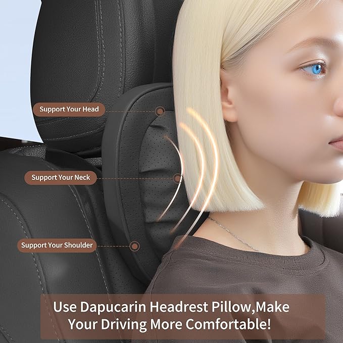Car Neck Pillow [No More Pressure] Soft Comfortable Premium Leather Headrest with Adjustable Strap – Ergonomic Support for Driving, Office & Gaming, Black, 2 Pack