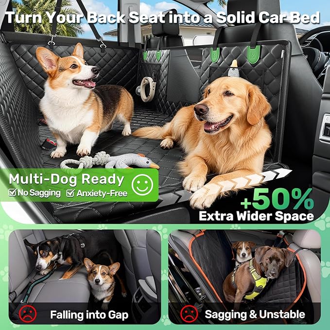 Zanch Heavy-Duty Dog Car Seat Cover, Flat Solid Back Seat Extender for Multi Large Dogs, Hard-Base Supports 450 lb, Waterproof Scrachproof Hammock Protector, Standard for Cars, SUV, Trucks, Green
