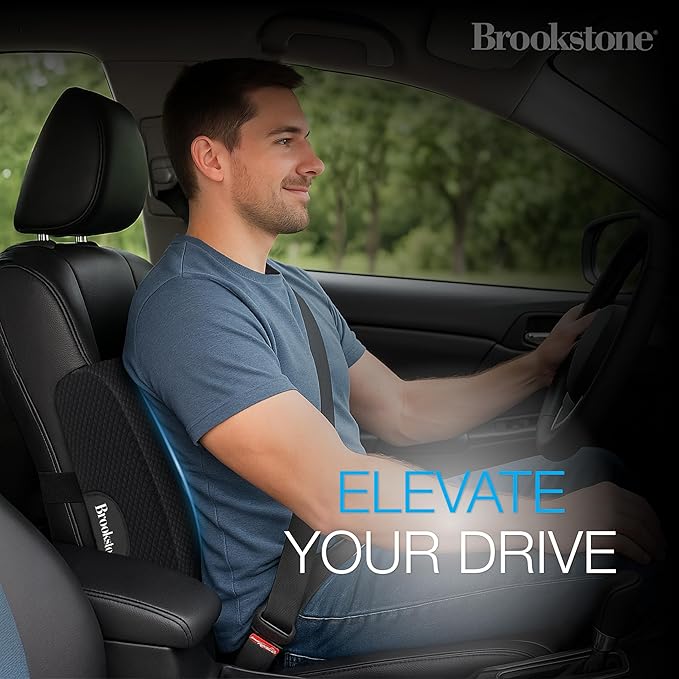 Brookstone BK1209 - Luxurious Lumbar Support Pillow for Car or Office Chair, Back Cushion with Premium Grade Memory Foam, Breathable and Washable Cover, Adjustable Strap