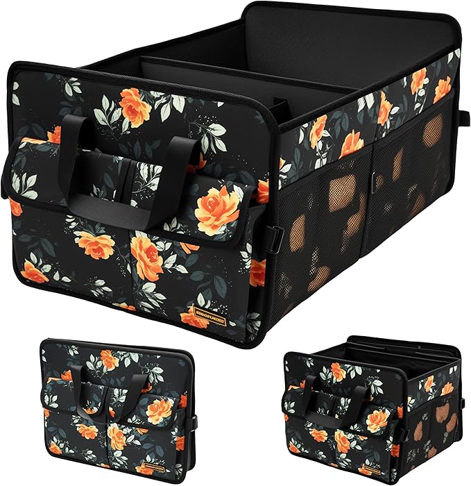 Sturdy Car Trunk Organizer – Large Capacity Trunk Organizer for SUVs & Sedans, Hard-Shell One-Piece Design with Cute Print, Collapsible and Durable Car Organizers (Flower 70L)