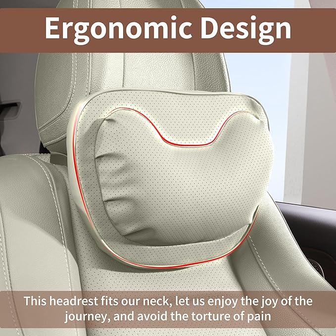 Car Neck Pillow [No More Pressure] Soft Comfortable Premium Leather Headrest with Adjustable Strap – Ergonomic Support for Driving, Office & Gaming, Off White (Beige), 1 Pack