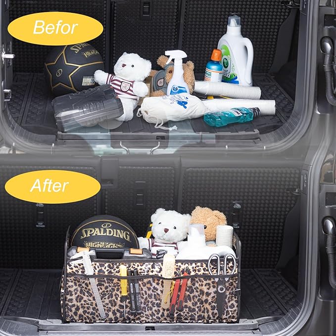 JiatuA Car Trunk Organizers and Storage Collapsible Multi Compartment Container Box, Adjustable Car Accessories for SUV Sedan Truck, Large Size, Leopard Print