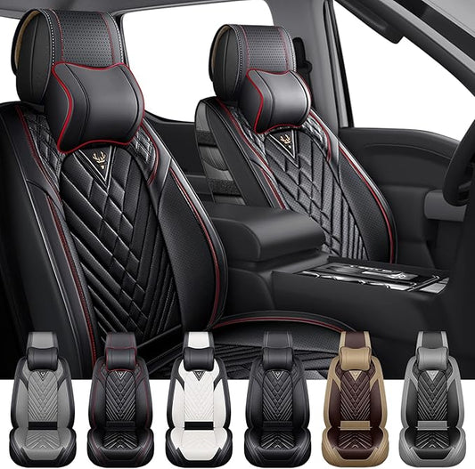 Front Set Car Seat Covers for Ford F-150 F-250 F-350 XL XLT STX Lariat King Ranch Platinum Raptor Waterproof Seat Covers 2009-2025, Anti-Slip Seat Protectors(Luxury 2 Seats/Black Red)