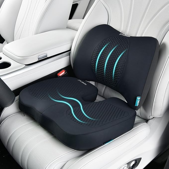 FLORICH Car Seat Cushion and Back Support for Office Chair Memory Foam Chair Cushions Pressure Relief Seat Pads with Gel Massage Point Lumbar Support (Light Black)