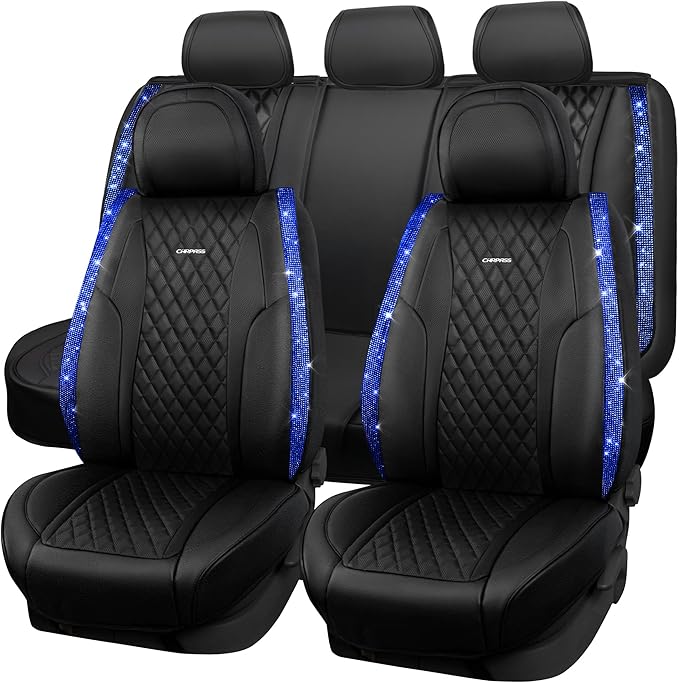 CAR PASS Nappa Leather seat Covers Bling Diamond Car Seat Covers Full Set Universal Cushioned, Waterproof Heavy-Duty Anti-Slip Luxury, Fit for SUV Sedan,Sparkly Glitter Women Crystal Blue Rhinestone