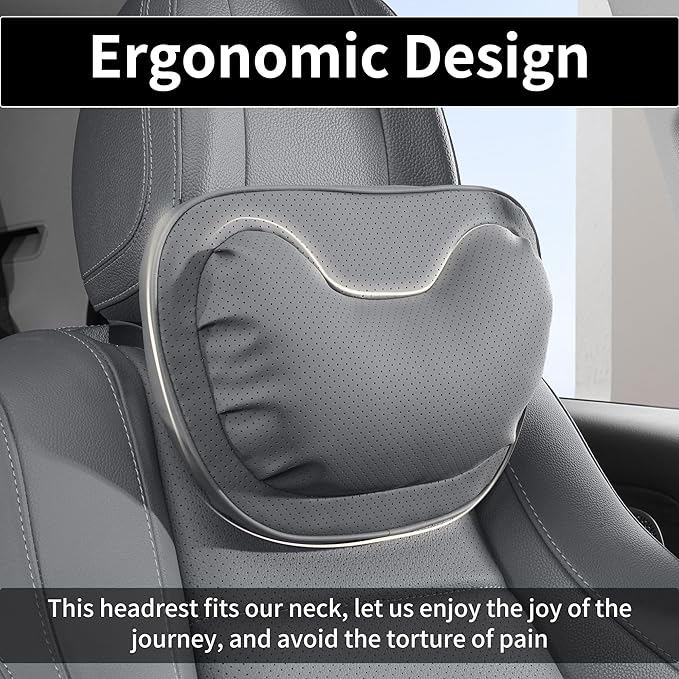 Car Neck Pillow [No More Pressure] Soft Comfortable Premium Leather Headrest with Adjustable Strap – Ergonomic Support for Driving, Office & Gaming, Gray, 2 Pack