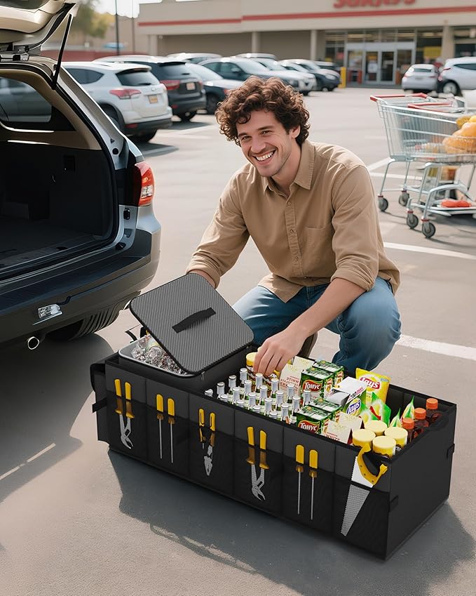 HOTOR Trunk Organizer, Sturdy Foldable with Cooler for Car & SUV, 3 Compartments, Black, 30.90”×12.60”×10.63”