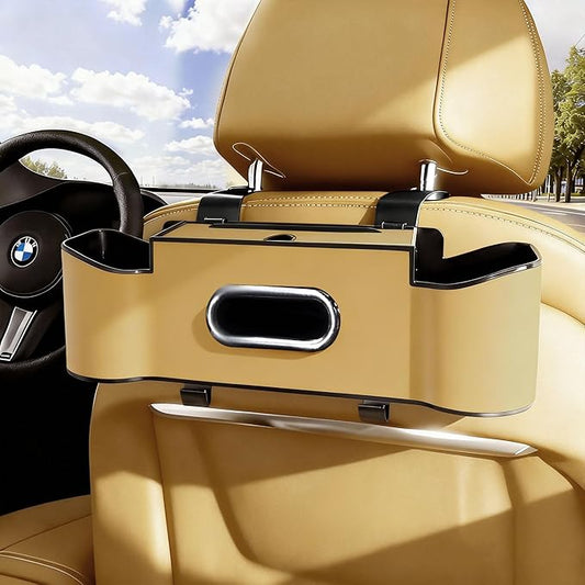 Car Backseat Organizer for Kids & Travelers - 4 in 1 Multifunctional Car Seat Back Storage with Cup Holder, Tissue Box, Snack/Handbag Holder - Nappa Leather Universal Fit for SUV/Van/Sedan (Beige)