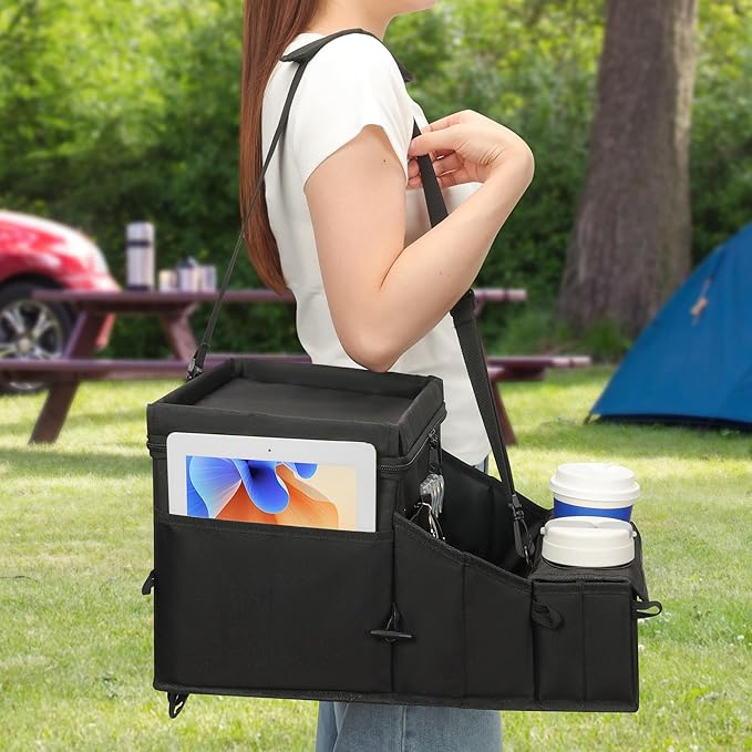 Car Seat Organizer, Backseat Car Organizer with Cup Holder Tray and Storages for Kids and Adults, Portable Travel Cooler for Car for Front or Back Seat Passenger Organizer Ccompartment (Black)