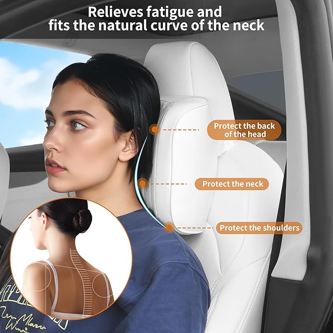 Car Headrest Pillow U-Shaped, Memory Foam Head Neck Support Cushion for Driving, Leather Head Rest Travel Pillows for Sleeping, Breathable Removable Cover, White, 2 Pack