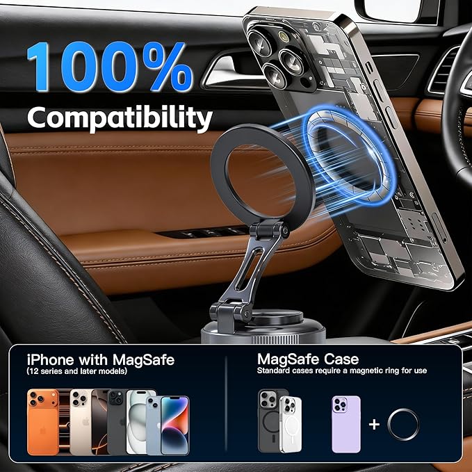 Car Phone Holder [120+LBS Strongest Suction & 2800gf Magnetic] , 360° Adjustable Magsafe Car Mount, Car Phone Mount for Cars/Gyms/Mirrors/Shower Stalls, Compatible with iPhone and Android Devices (4)