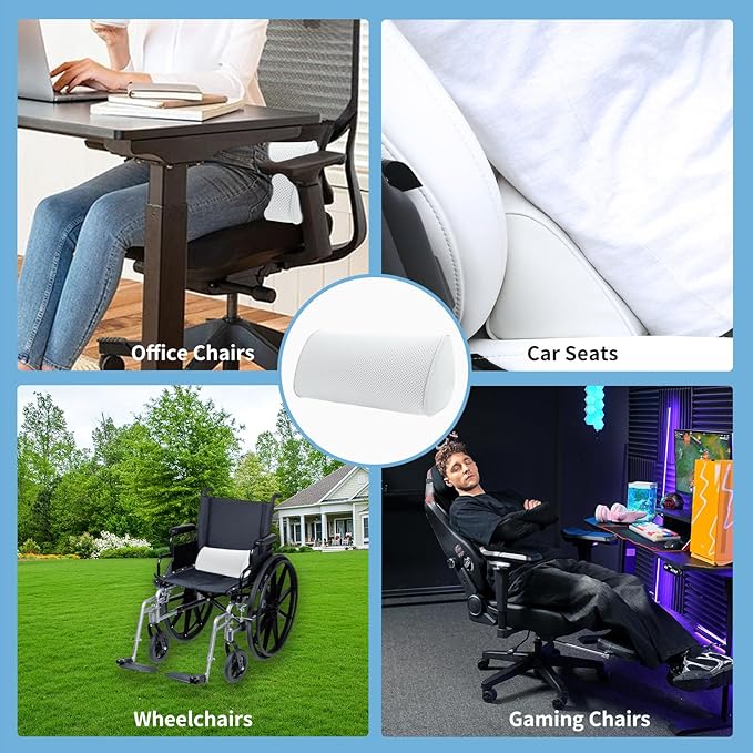 Lumbar Support Pillow for Car Seat and Office Chair, Gaming Chair, Ergonomic Memory Foam Back Cushion Lower Back Pain Relief, Luxury Leather Back Support Pillow, White, 1 Pack