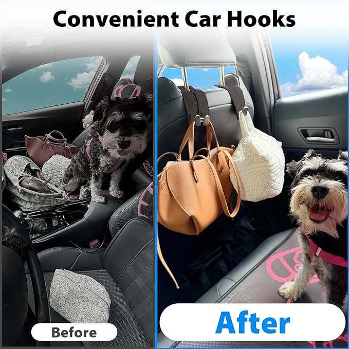 Headrest Hooks for Car, Purse Hook for Car, Premium Leather Twin Hook Car Seat Hooks, Double Hook Seat Back Storage Organizer for Purses, Bags, SUV, Truck, Vehicle, 2 Pack, Black