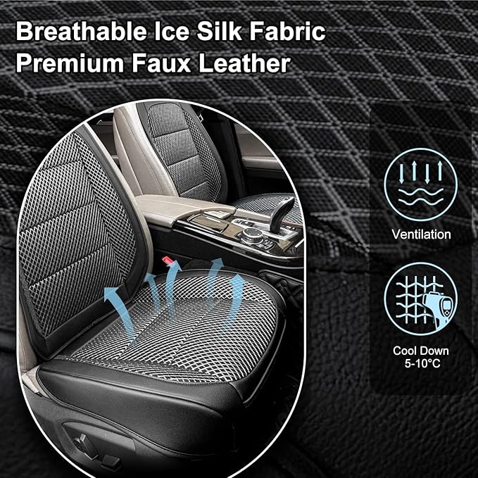 2 Pack Ventilated Cooling Car Seat Covers for Summer, 3D Air Mesh Breathable Leather Front Seat Protectors with Storage Pocket, Universal Fit Non-Slip Seat Cushion for Car Truck SUV(Black)