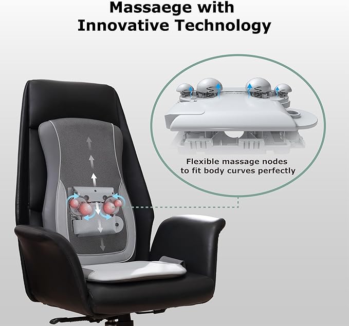 Mynt Gray Back Massager for Chair with Heat for Deep Tissue, Mesh Shiatsu Massage Chair Pad with 4 Deep Kneading Nodes, Heated Back Massage with a Seat Cushion