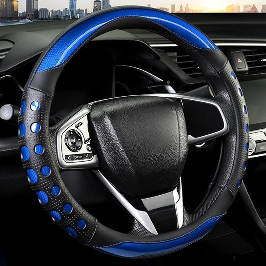 PU Leather Car Steering Wheel Cover with Anti-Slip Grip, for Women and Men, Universal Fit for 14.5-15 Inch Cars, Trucks, SUVs (Blue (Round), Medium(Standard) Size[14 1/2''-15''])