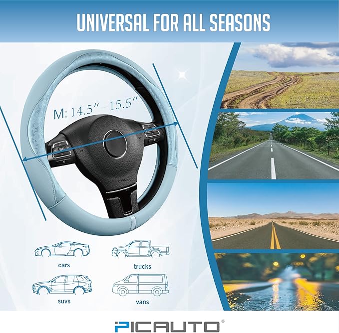 PIC AUTO Steering Wheel Cover, Light Blue Patterned Leather Patchwork Design, Universal Fit 14.5"–15.5", Anti-Slip, Odor-Free, Soft PU Grain Leather, Durable Grip Car Accessory for Girls & Women