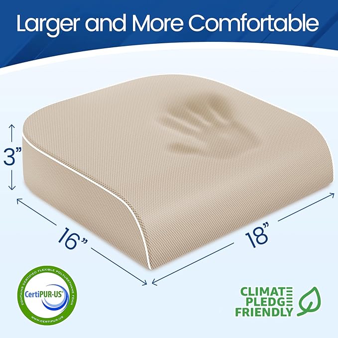 Seat Cushion for Tailbone Pain Relief, Office Chair Cushion, Memory Foam Large Chair Cushion with Non-Slip Cover for Soft Support at Office Chair, Car Seat, Airplane Beige/Large