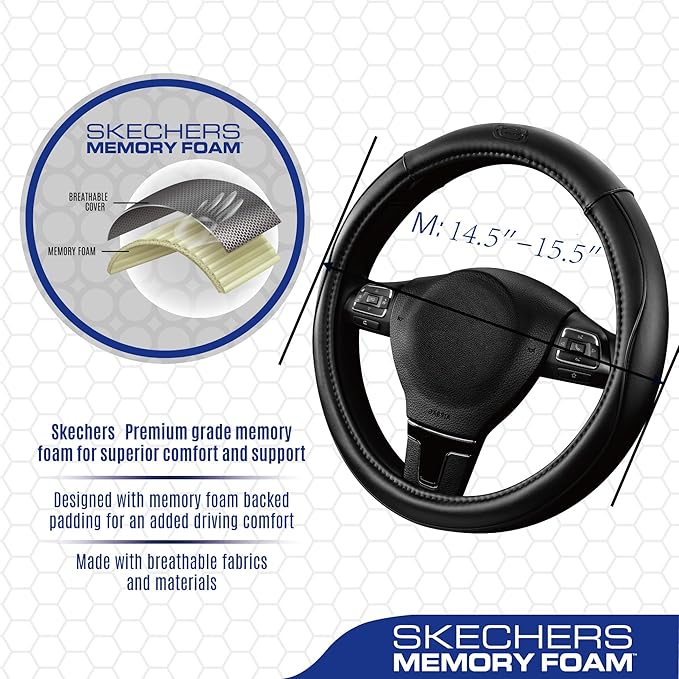 Skechers Memory Foam Steering Wheel Cover,Piping Microfiber Leather Steering Wheel Cover Sporty Universal Fit 14" 1/2-15" Car Wheel Protector for Men Women Fit Suvs,Vans,Sedans,Car,Trucks,Black