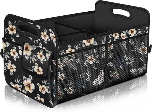 Femuar Car Trunk Organizer,Car Storage Organizer with 72L Large Capacity Waterproof Collapsible and 11 Pockets,Trunk Organizer for Car Suv/Jeep/Sedan, Large Size, Hibiscus flowers