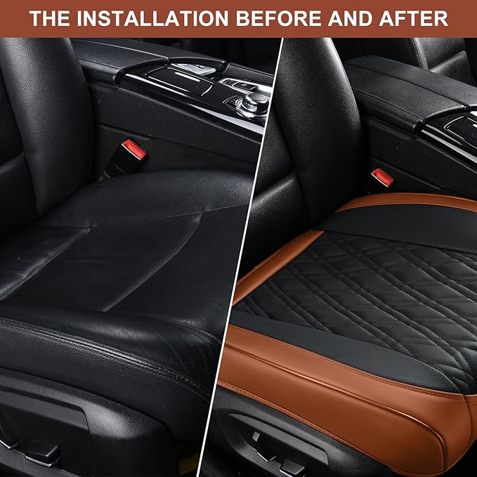 Luxury Faux Leather Car Seat Cover Front Bottom Protector, Seat Cushion Without Backrest, Anti-Slip and Wrap Around The Bottom, Fit Most Cars & Vehicles, 2 Piece, Brown&Black