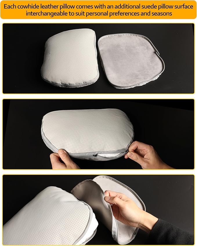 Genuine Leather Car Neck Pillow for headrest,Support Drive Seats Head Cushion,Real Cow Leather,11.8x7.5”,Plant-Based Polyester,Thickness & Height Adjustable,Inner Liner fillable(Beige,1p)