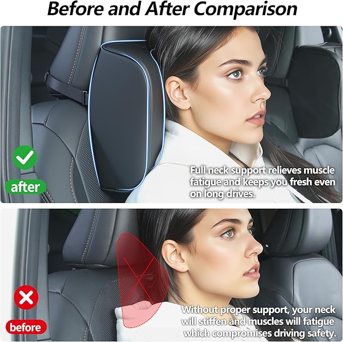 Car Headrest Pillow U-Shaped, Memory Foam Head Neck Support Cushion for Driving, Leather Head Rest Travel Pillows for Sleeping, Breathable Removable Cover, Black, 2 Pack