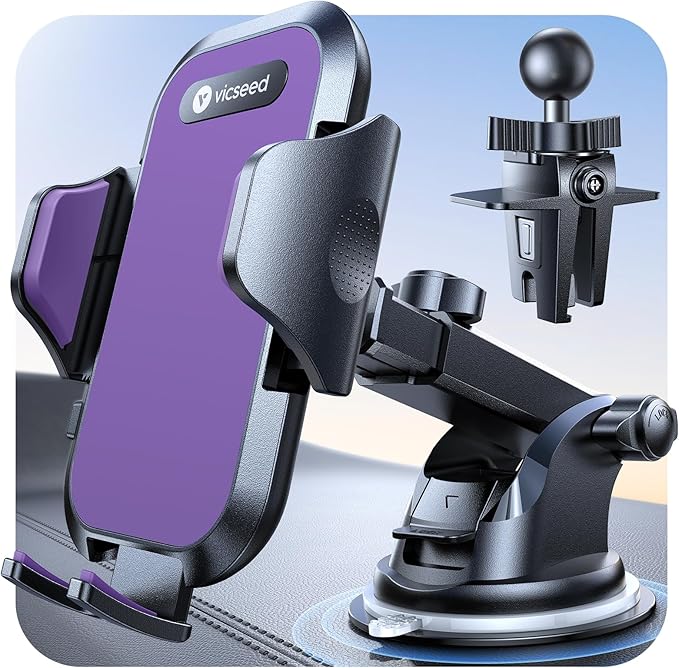 VICSEED Purple Phone Holders for Your Car [Upgraded True Military-Grade Strongest Suction] Cell Phone Mount for Car Dashboard Windshield Vent Truck Boat Stand Adjustable for iPhone Android