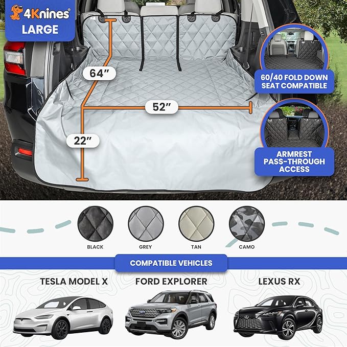 4Knines Split Cargo Liner for SUV – for Dogs & Pets, Heavy-Duty, Waterproof Trunk Mat & Cargo Cover – Fits 60/40 Split Bench & Armrest Pass-Through – Machine Washable, Non-Slip, Durable (Large, Grey)
