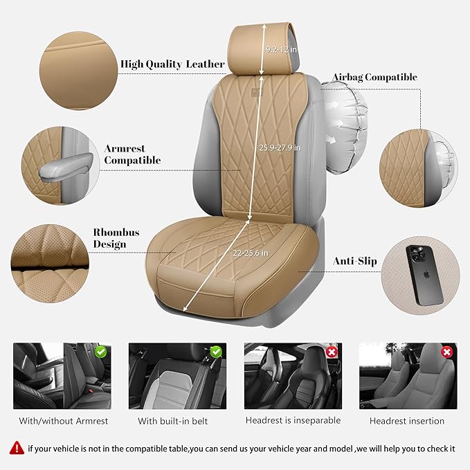 CAR PASS Luxury Nappa Leather Front Car Seat Covers, Sideless Car Seat Protectors with Storage Pocket, Non-Slip Automotive Seat Cover for Cars Trucks SUV, Airbag Compatible, 2 Pack (Beige)